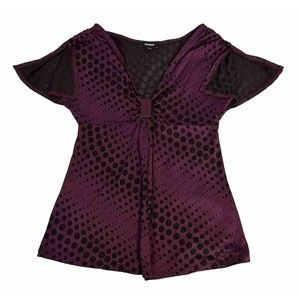 Express-Purple With Sheer Black-Polka Dot-Blouse-Split Shoulder-V Neck-Small-Use